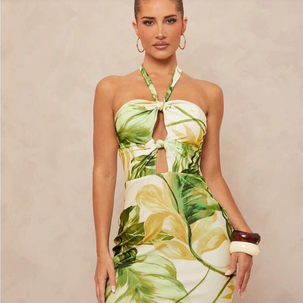SHEIN Green and Yellow Leaf Print Mini Dress